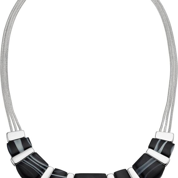 Silver-Tone and Black Agate 16" Frontal Necklace, 16" + 2" Extender - Picture 1 of 3